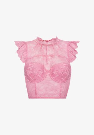 Pink sheer lace crop top with floral pattern, short ruffled sleeves, high neckline, and underwired bust support.