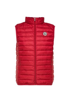 Gilet sans manches rouge en duvet avec un motif matelassé vertical, col haut et fermeture éclair sur le devant. Présente une écusson avec logo sur la poitrine gauche.
