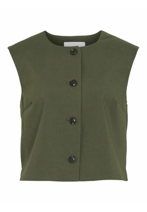 Olivgrüner, ärmelloser Weste aus strukturiertem Stoff mit fünf schwarzen Knöpfen an der Vorderseite und seitlichen Taschen. Quadratischer Ausschnitt.