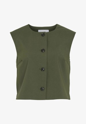 Olivgrüner, ärmelloser Weste aus strukturiertem Stoff mit fünf schwarzen Knöpfen an der Vorderseite und seitlichen Taschen. Quadratischer Ausschnitt.
