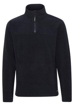 Black fleece pullover with a high collar, half-zip closure, and side pockets. Soft texture with a smooth surface and minimalistic design.
