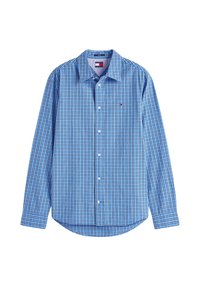 Camicia blu a maniche lunghe con bottoni, motivo a quadretti, colletto a punta e piccolo logo ricamato sul petto a sinistra.