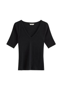 Musta lyhythihainen pusero, jossa syvä V-pääntie, valmistettu sileästä, kevyestä kankaasta. Yksinkertainen muotoilu ilman koristeluja tai kuvioita.