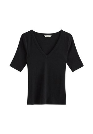 Musta lyhythihainen pusero, jossa syvä V-pääntie, valmistettu sileästä, kevyestä kankaasta. Yksinkertainen muotoilu ilman koristeluja tai kuvioita.