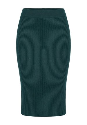 Ciemnozielona prążkowana dzianinowa spódnica ołówkowa z wysokim stanem i dopasowanym krojem.