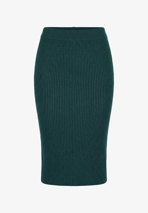Ciemnozielona prążkowana dzianinowa spódnica ołówkowa z wysokim stanem i dopasowanym krojem.
