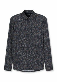 Langärmliges Hemd in Dunkelblau mit einem Blumenmuster in verschiedenen Farben. Verfügt über einen klassischen Kragen und eine Knopfleiste vorne.