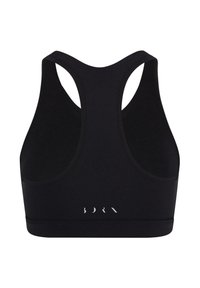 Melnā sporta krūšturis ar racerback dizainu, izgatavots no elastīga auduma. Satur diskrētu zīmolu apakšmalā un gludu tekstūru.