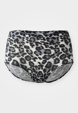 Black and white leopard print high-waisted underwear with a smooth texture and elastic waistband, featuring a seamless design and full coverage.