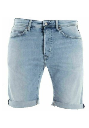 Shorts en denim bleu clair avec ourlets retroussés, bouton à l'avant, fermeture éclair, passants pour ceinture, et design à cinq poches.