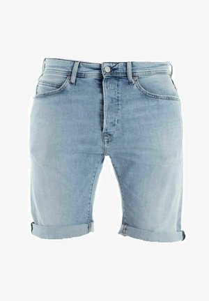 Lyseblå denimshorts med opkørte kanter, forreste knap, lynlås, bæltestropper og fem-lomme design.