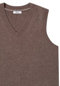 Brauner ärmelloser Pullover mit V-Ausschnitt, versehen mit einem strukturierten Strickmuster. Etikett trägt die Aufschrift "CECiL". Einfaches Design, keine zusätzlichen Akzente.