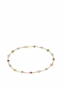 Gold bracelet featuring colorful round and oval gemstones set in circular settings, with a clasp closure.