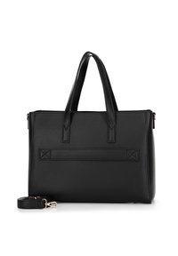 Schwarze Leder-Tote-Tasche mit doppelten Griffen, strukturiertem Design, glatter Textur und abnehmbarem Schultergurt. Verfügt über minimale Nähte.