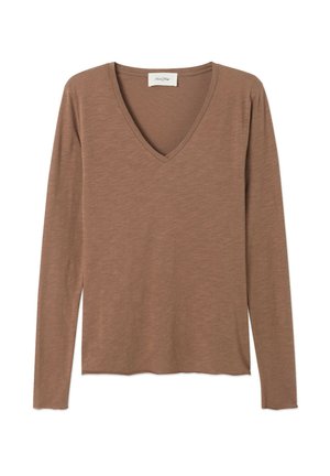 Majica s V-izrezom i dugim rukavima u svijetlosmeđoj boji, izrađena od mekanog, teksturiranog tkanja sa blago zakrivljenim rubom.