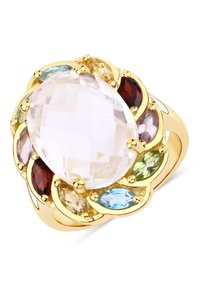 Bague en or avec une pierre précieuse claire en forme ovale entourée de gemmes taillées en marquise de couleurs vives : rouge, vert, bleu et violet, avec des accents polis.