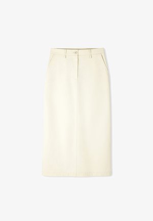 Cream-colored pencil skirt made of cotton blend fabric. Features flat front, two side pockets, and a single button closure at the waist.