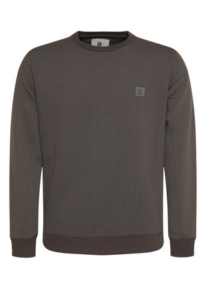 Felpa grigia scura con un motivo testurizzato, scollatura rotonda, polsini e orlo a costine. Piccola etichetta con logo sulla parte superiore del petto.