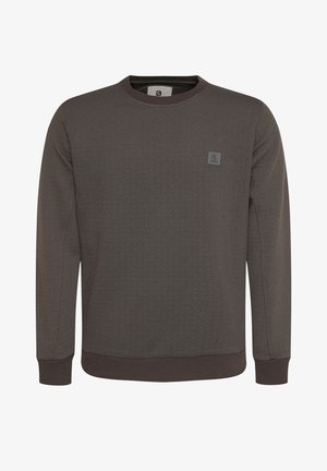 Sudadera gris oscuro con un patrón texturizado, cuello redondo, puños y dobladillo acanalados. Pequeño parche de logo en la parte superior del pecho.