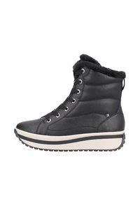 Botín negro de cuero hasta el tobillo con una parte superior texturizada, cordones en la parte delantera, forro interior suave y una suela intermedia blanca con acentos negros.