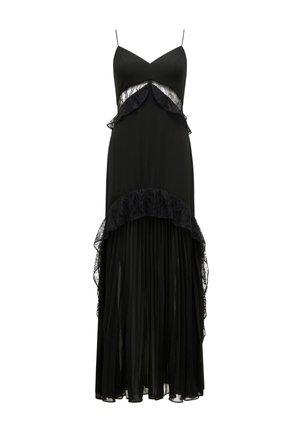 Vestido maxi preto com alças finas, detalhes em renda, camadas de babados na cintura e uma saia plissada. Textura suave, silhueta elegante.