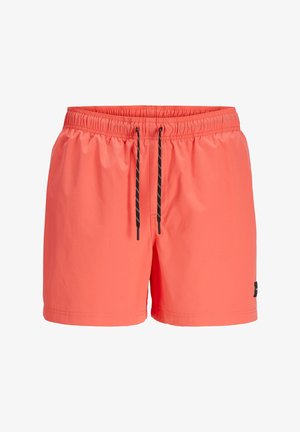 Koraal zwemshorts van lichtgewicht stof, met een elastische tailleband en verstelbare zwarte trekkoorden, en een klein logo-label aan de zijkant.