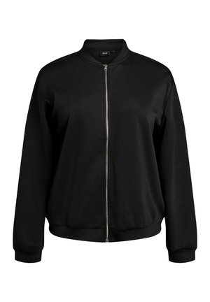 Czarna kurtka bomberka wykonana z gładkiego materiału, z zamkiem błyskawicznym z przodu, ściągaczami na mankietach i kołnierzu, o luźnym kroju i bez dodatkowych wzorów.