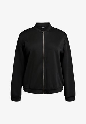 Sort bomberjakke lavet af glat stof med lynlås foran, ribstrikkede manchetter og krave, med en afslappet pasform og uden yderligere mønstre.