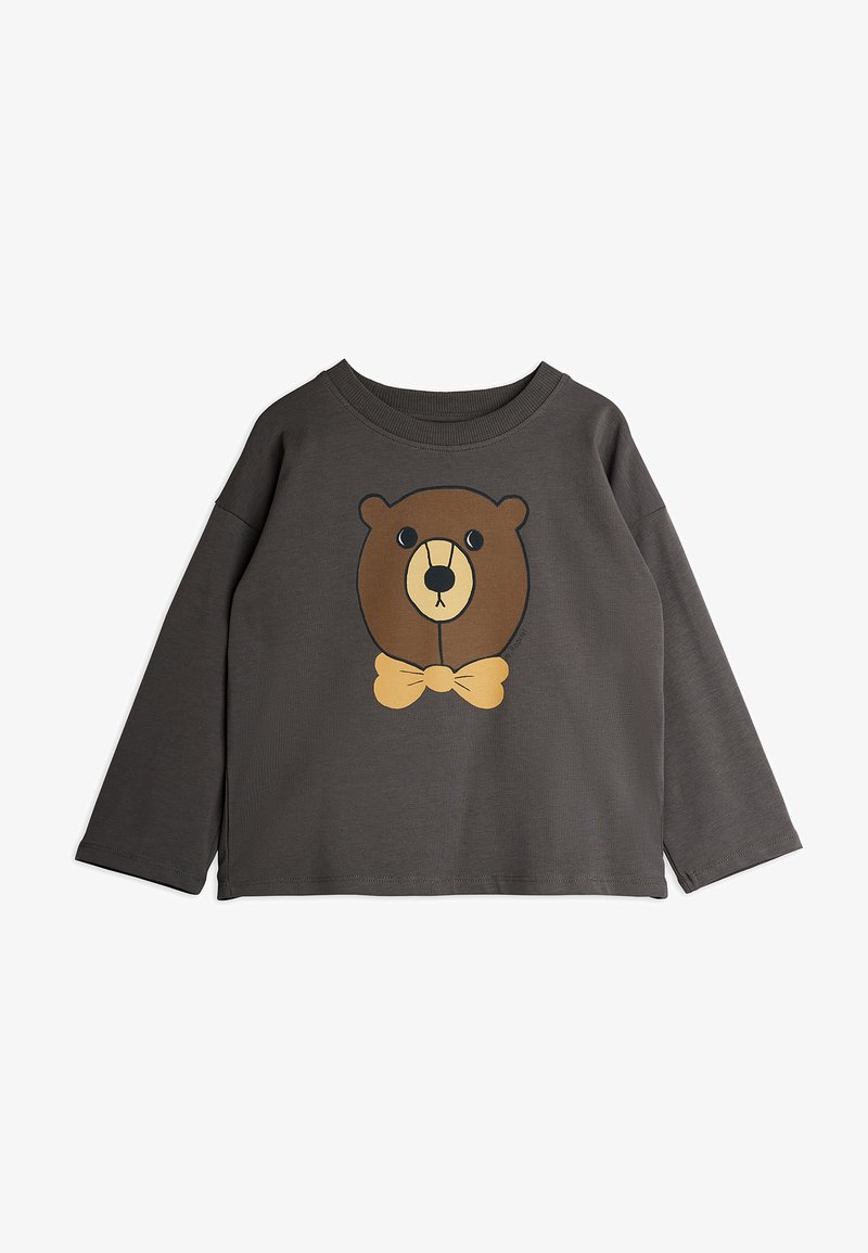 Camisola cinza de manga longa feita de tecido macio, com um gráfico de um urso com uma gravata-bege, centrado na parte da frente.