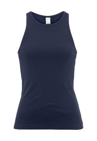 Marineblaues, geripptes Tanktop mit ärmellosem Design und rundem Halsausschnitt. Hergestellt aus dehnbarem Material für eine figurschmeichelnde Silhouette.