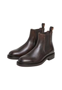 Bruna läder Chelsea-boots med elastiska sidopaneler, rundade tår och dragflikar, med en slät yta och stabila gummisulor.