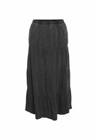 Juoda sluoksniuota sijonas, pagamintas iš lengvos medžiagos, su elastine juosta ir laisvu dizainu. Akcentai apima sukauptas siūles, suteikiančias tekstūrą.