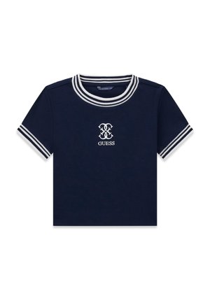 Marineblå kortærmet skjorte med hvidstribet krave og ærmekanter, med et hvidt Guess-logo på brystet.