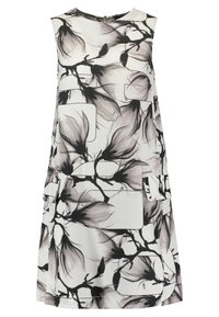 Bezrukávé bílé šaty s černým a šedým abstraktním květinovým potiskem a detaily v obdélníkových bločcích, s rovnými nohavicemi, délky po kolena.