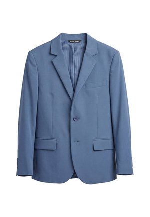 Een blauw colbert met enkele knoopsluiting, met inkeping revers, twee voorzakken met klep, één borstzak.