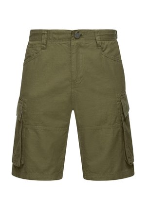 Pantalones cortos de carga en verde oliva, hechos de algodón. Presentan bolsillos laterales, detalles cosidos y un cierre de botón en la cintura.