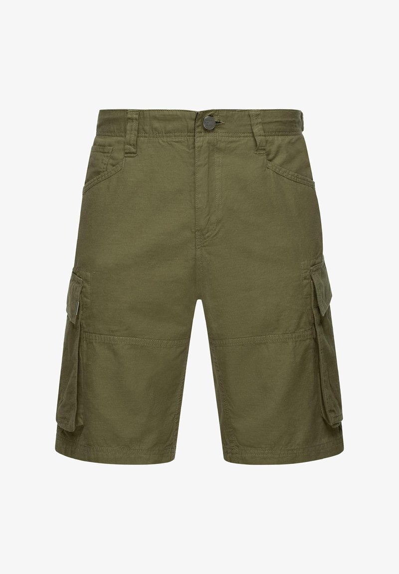 Olive žalios spalvos cargo šortai, pagaminti iš medvilnės. Yra šoninės kišenės, siuvinėta detalė ir mygtukų uždarymas liestyje.