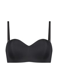 Schwarzer trägerloser BH mit glatten, geformten Cups, zarten Trägern und einem eleganten Finish. Minimalistisches Design ohne Verzierungen oder Muster.