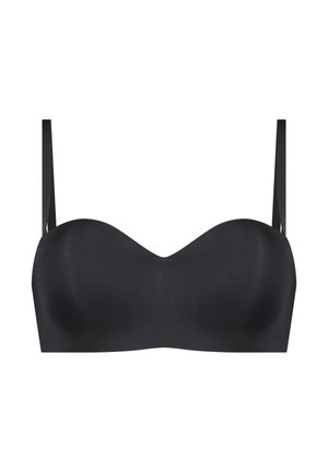 Soutien-gorge noir sans bretelles avec des bonnets lisses et moulés, des bretelles délicates et une finition élégante. Design minimaliste sans embellissements ni motifs.