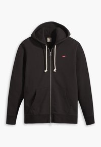 Zwarte rits hoodie van een katoenmix. Beschikt over een gevoerde capuchon, voorzakken, witte trekkoorden en een klein rood logo op de borst.