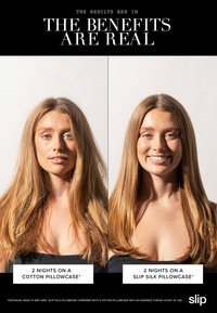 Nebeneinander: Eine Frau mit krausem Haar nach der Verwendung eines Baumwollkissenbezugs und glattem Haar nach zwei Nächten auf einem Seidenschlupfkissen.