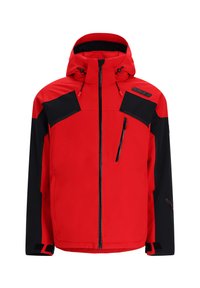 Rote und schwarze Skijacke mit Kapuze, ausgestattet mit Reißverschlusstaschen, verstellbaren Bündchen und wasserabweisendem Material. Auffälliges Farbblockdesign.