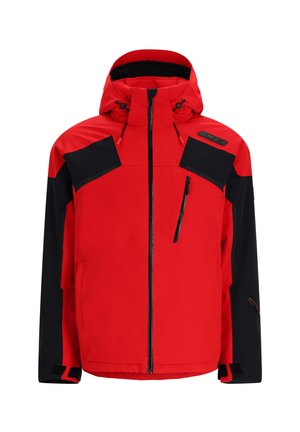 Veste de ski rouge et noire avec capuche, dotée de poches zippées, de poignets ajustables et d'un matériau imperméable. Design distinct en coloris block.