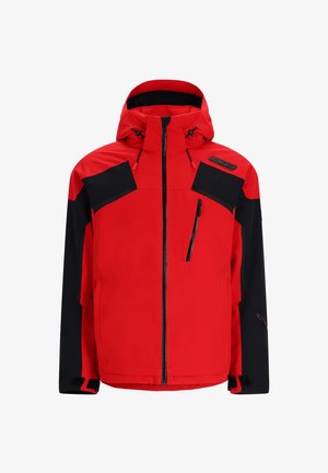 Rote und schwarze Skijacke mit Kapuze, ausgestattet mit Reißverschlusstaschen, verstellbaren Bündchen und wasserabweisendem Material. Auffälliges Farbblockdesign.