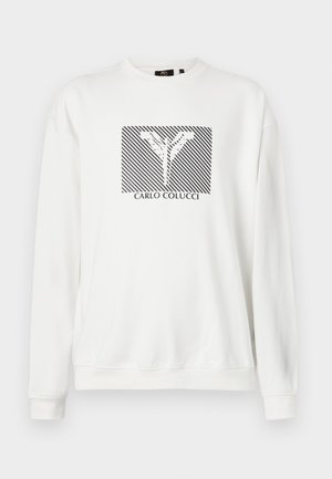 Hvid sweatshirt med grafik af diagonale sorte striber og et blomsterdesign, med teksten "CARLO COLUCCI" nedenunder. Standard pasform.