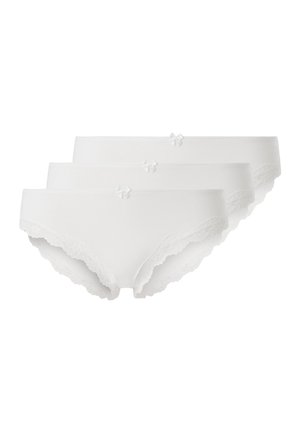 Three pairs of white cotton briefs with lace trim, featuring a small bow detail on the front and a smooth fabric finish.