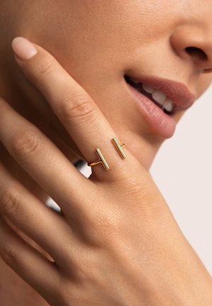 Bague en or au design minimaliste mettant en valeur deux barres verticales. Main montrée avec un vernis à ongles naturel et une bague en argent à un doigt.