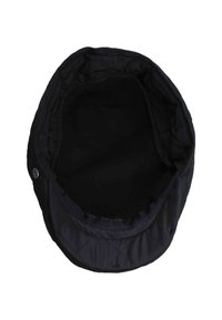 Cappello quilted nero con una forma rotonda e strutturata e un morbido rivestimento interno. Presenta un bottone sul lato per la regolazione. Nessun motivo visibile.