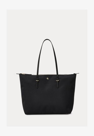 Schwarze Tote Bag mit dünnen Schulterriemen, goldenem Reißverschluss und kleinem goldenen "RL"-Logo mittig auf der Vorderseite.