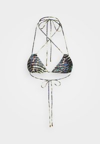 Triangular bikini zgornji del z večbarvnim živalskim vzorcem. Ima tanke, nastavljive naramnice, zavezuje se na hrbtu in vratu ter ima kovinske dodatke.